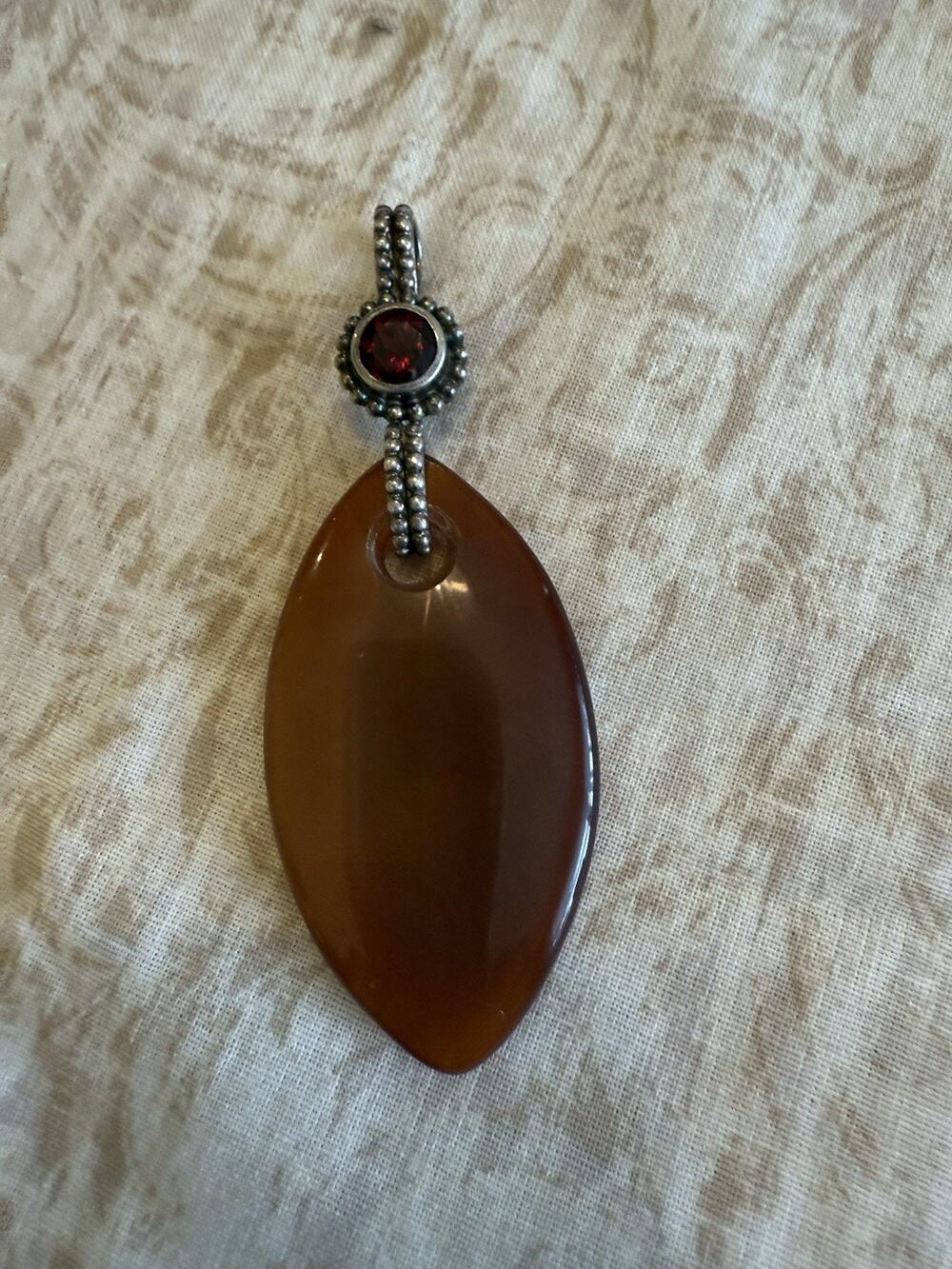 925 Sterling Silver Oval Stone Pendant Amber Tone Jasper Solid Pattern 3”